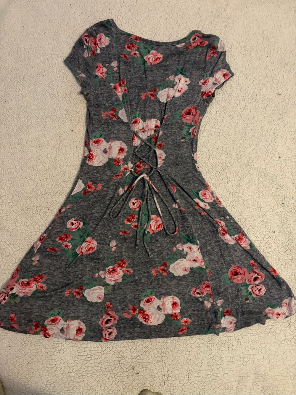 Gray Floral Lace-Up Back Fit & Flare Dress